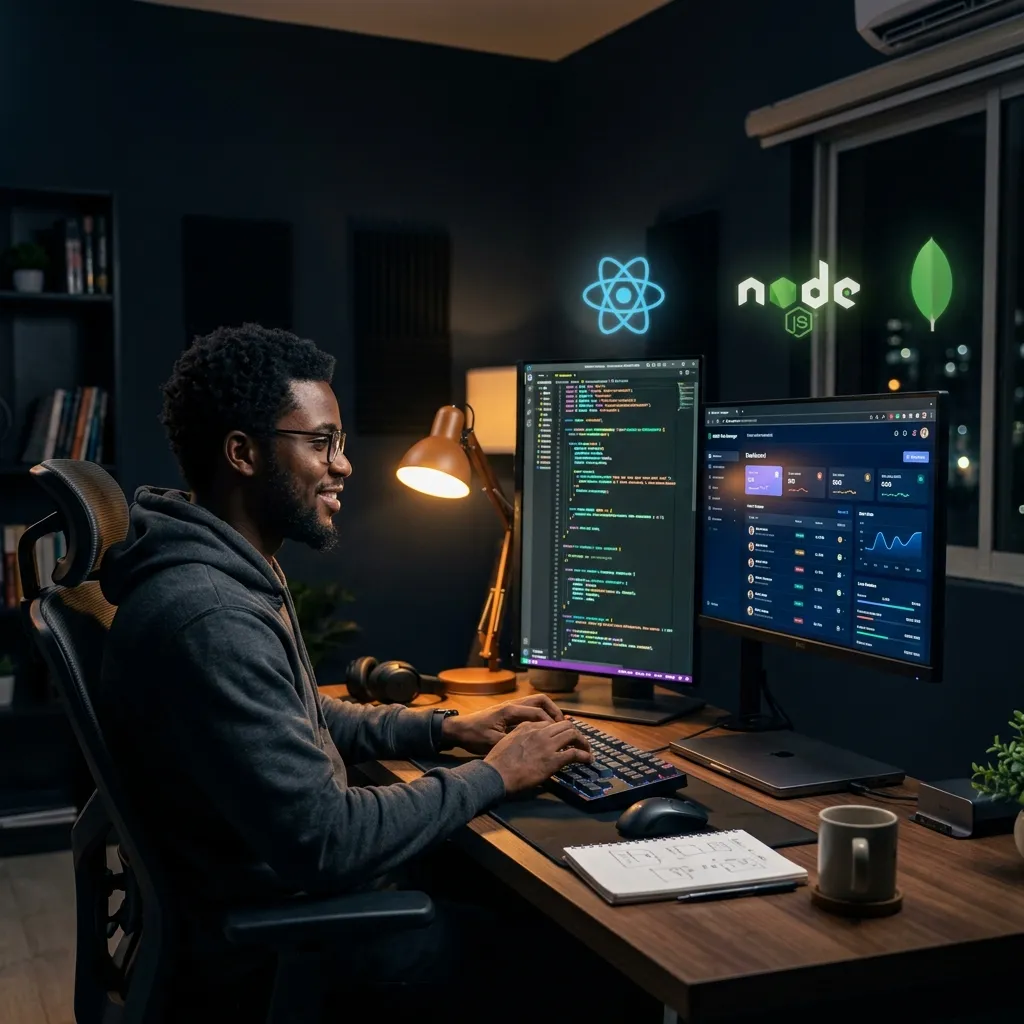 Full Stack MERN Developer coding at dual monitor setup