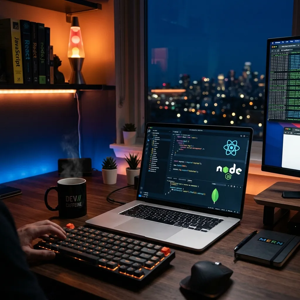Full Stack MERN Developer coding at dual monitor setup